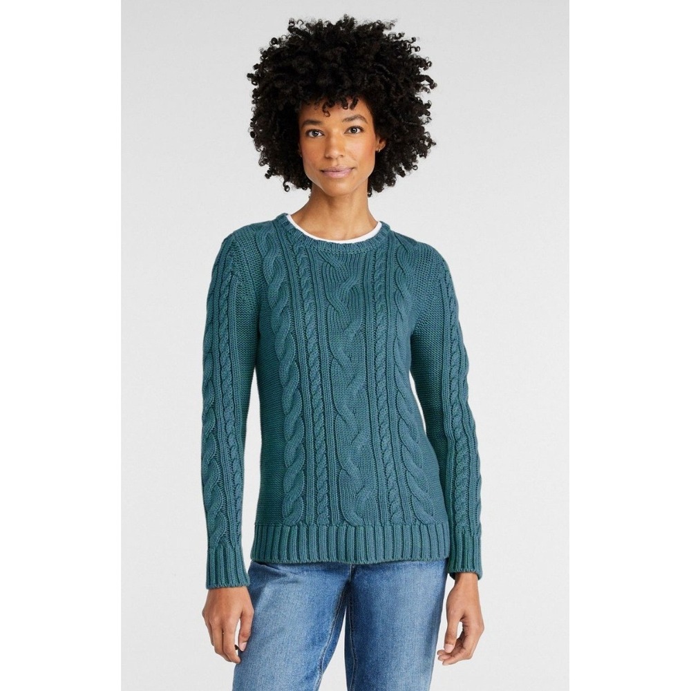 LL Bean Women's M Double L Cable Knit Crewneck Sweater Teal Blue Classic